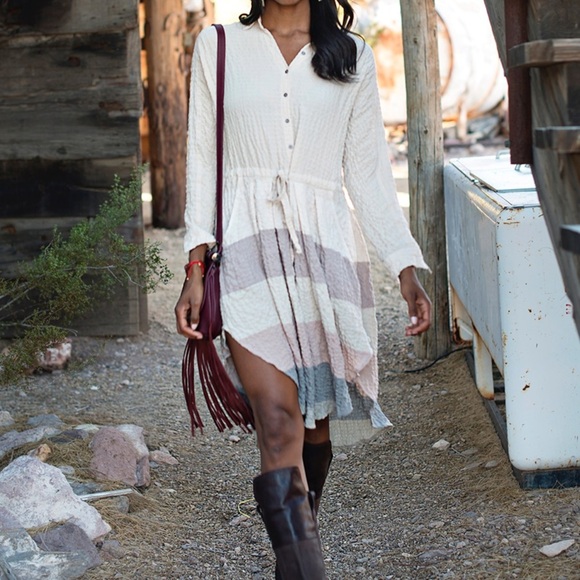 Free People Dresses & Skirts - Free People Cream Brown Striped Shirt Tunic Dress Drawstring Waist small cottage